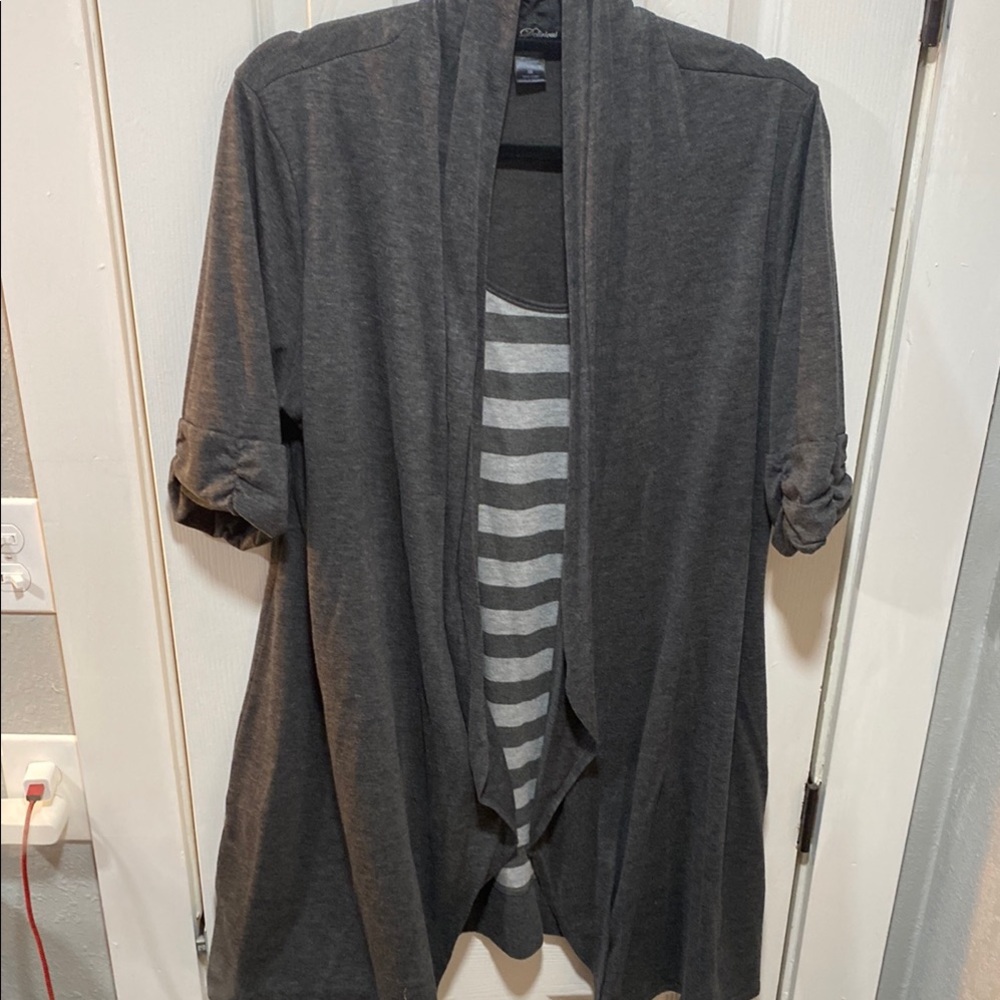Delirious Striped Gray top with faux Open-Front 3/4 sleeve Cardigan